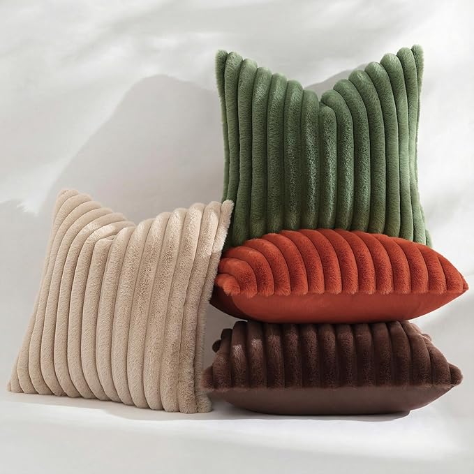 decorUhome Faux Fur Throw Pillow Covers 24x24 Set of 2, Decorative Soft Plush Striped Neutral Couch Euro Pillow Covers with Velvet Back for Sofa, Bed, Living Room Home Decor, Dark Brown