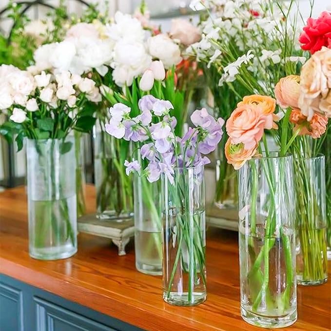 6 Pack Glass Cylinder Vases 14 Inch Tall Clear Flower Vase for Centerpieces, Hurricane Floating Candle Holder Wedding Decorations, Floral Vase Bulk for Table Shelf Party Home Deco (14 x 3.35 Inch)