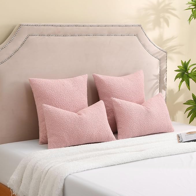 FUTEI Valentine's Day Pack of 2 Pink Decorative Throw Pillow Covers 18x18 Inch Soft Cozy Solid Boucle Textured Cushion Case,Modern Home Decor for Couch Bed Living Room