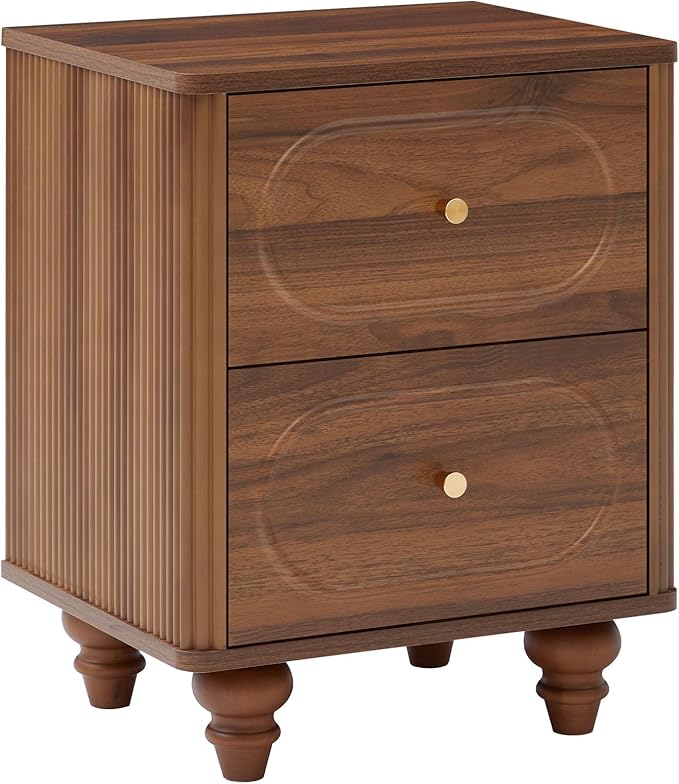 2 Drawer Fluted Nightstand, Mid Century Modern Farmhouse Night Stand Small End Table Bedside Table for Bedroom, Living Room, Walnut