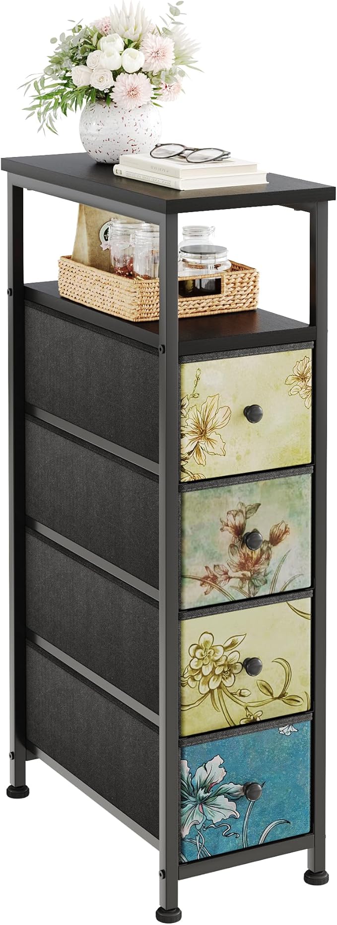 Narrow Dresser, Narrow Nightstand Dresser Storage Tower with 4 Drawers, Slim Fabric Dressers Chest of Drawers for Small Spaces, Retro Flower Dressers, for Bedroom Bathroom Laundry Closet (Black)