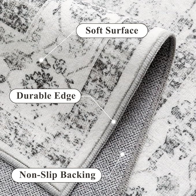 PureCozy Grey 4x5 Entryway Rug Vintage Area Carpet Indoor Kitchen Washable Neutral Door Mat Entrance Small Low Pile Traditional Distressed Gray Retro Accent Throw Rug Non Slip Office Bathroom