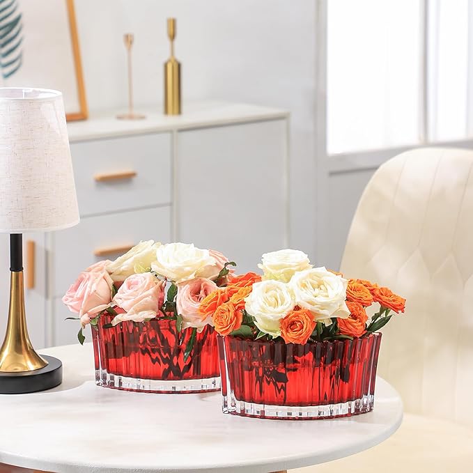 MCMCNCUIU Crystal Vases for Centerpieces, Flower Vases for Wedding Centerpieces, Red Glass Vase for Flowers, Curve Small Vase for Living Room, Bedroom, Kitchen, Dining Table, Set of 2