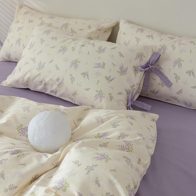 Purple Floral Duvet Cover Queen 3 Piece Cotton Flower Botanical Duvet Cover Vintage Style Lilac Floral Comforter Cover Girls Cottagecore Bedding Sets 1 Queen Duvet Cover with 2 Bow Ties Pillowcases