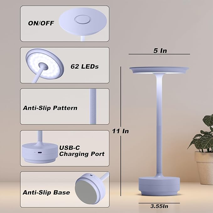 2 Pack Rechargeable Cordless Table Lamps, Portable 5000mAh Outdoor Table Light, 3 Color Stepless Dimming LED Table Lamp with Memory Function, for Home/Dinner/Patio/Restaurant.(Light Purple)