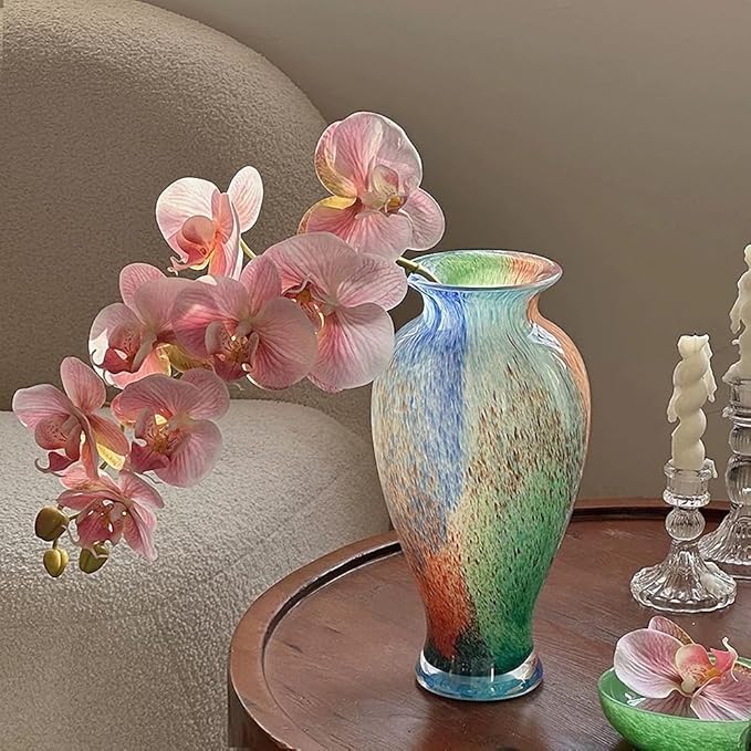 Hand Blown Glass Vase, 11.4" Tall, Murano-Style Art, Multicolor, Abstract, Oblong Shape, Perfect for Living Room, Bathroom, Wedding, Graduation, Mother's Day, Women