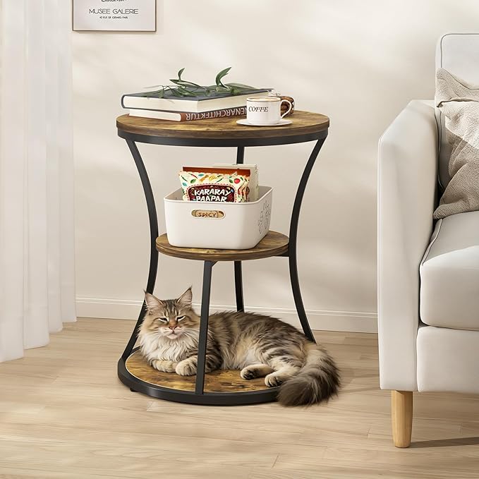 21.65 inches Round End Table,3 Tier Side Table with Storage Shelf,Compact Coffee Table and Tea Sofa Table,Vintage Nightstand for Living Room Bedroom Study Small Spaces ,Rustic Brown and Black