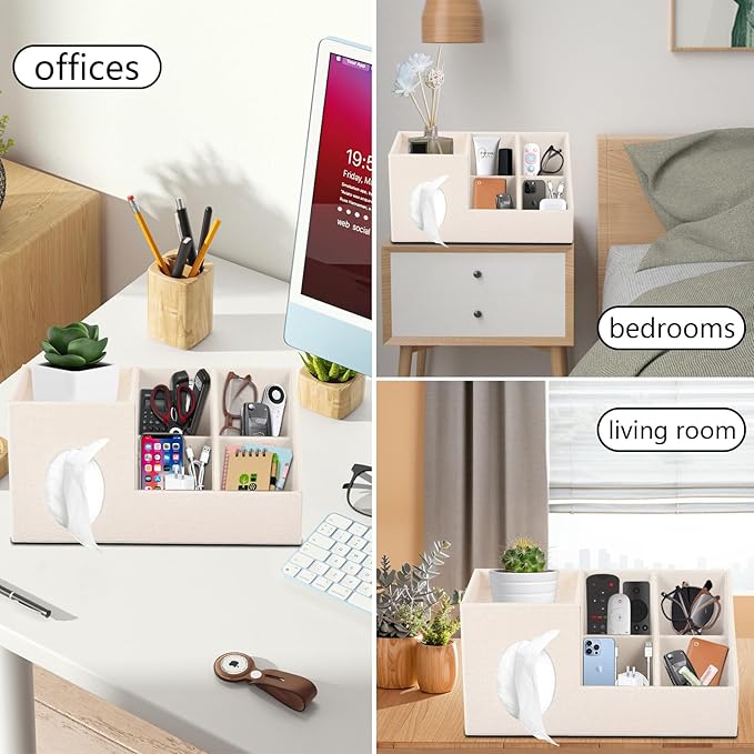 Plus Size Tissue Box Cover-Square Linen Tissue Cover with Side Storage and Tray,Modern Makeup Organizer,Leather Tissue Holder Decorative Cube Organizer for Living Room Vanity NightStand Office,Beige