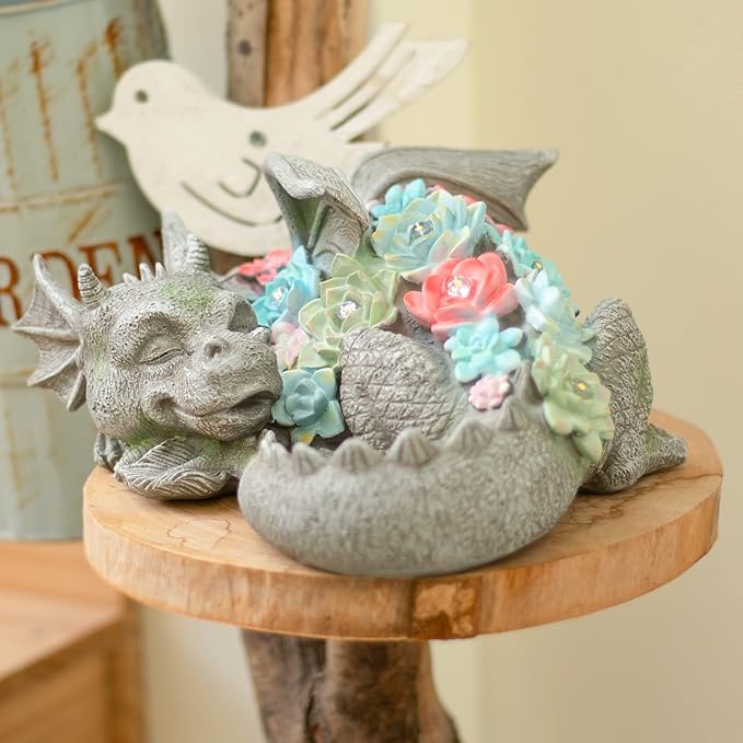 Garden Dragon Statue Outdoor Decor, Coiled Sleeping Dragon Figurine with Solar Light Succulent, Waterproof Resin Garden Sculpture for Outside Lawn Patio Yard Ornament Gifts