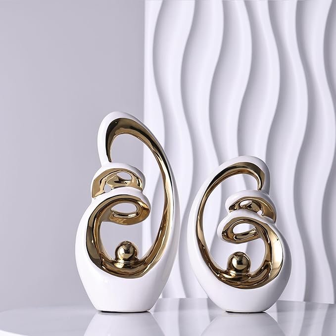 Modern Abstract Porcelain Sculpture, White Gold Show Piece for Home, Knick Knacks for Decor, Tv Stand Centerpiece