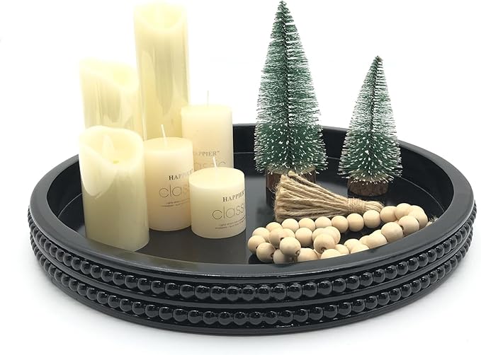 Carah & Cossh Round Wooden Serving Tray, Black Decorative Wood Tray, 16'' Round Modern Decorative Tray, Perfect for Storage and Display (Black)