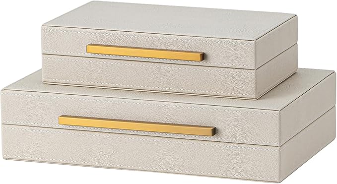 Faux Leather Large Modern Stackable Nesting Jewelry Box with Lids Organizer – Set of 2 Beige Shagreen Decorative Storage Boxes with Gold Metal Handles