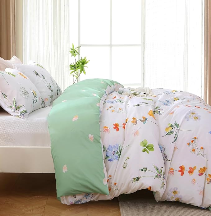 MUXHOMO Duvet Cover Queen Size, Reversible Floral Multicolor Duvet Cover Set with Zipper Closure, 3 Pieces Botanical Patterns Soft Microfiber Bedding Set with 4 Ties (90"x90", 2 Pillow Cases)