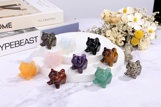 Jovivi Opalite Crystal Cat Statue Home Decor Carved Gemstone Cats Figurine Collectibles Pocket Sculpture Pet Memorial Decorative Ornament Gift for Cat Lovers