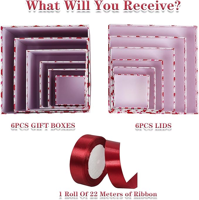 JWSCYSY 6PCS Valentine's Day Nesting Gift Boxes with Lid, Square Gift Boxes with Ribbon, Decorative Boxes Assorted Size for Valentine's Day Presents Wrapping, Party Favor Boxes (White)