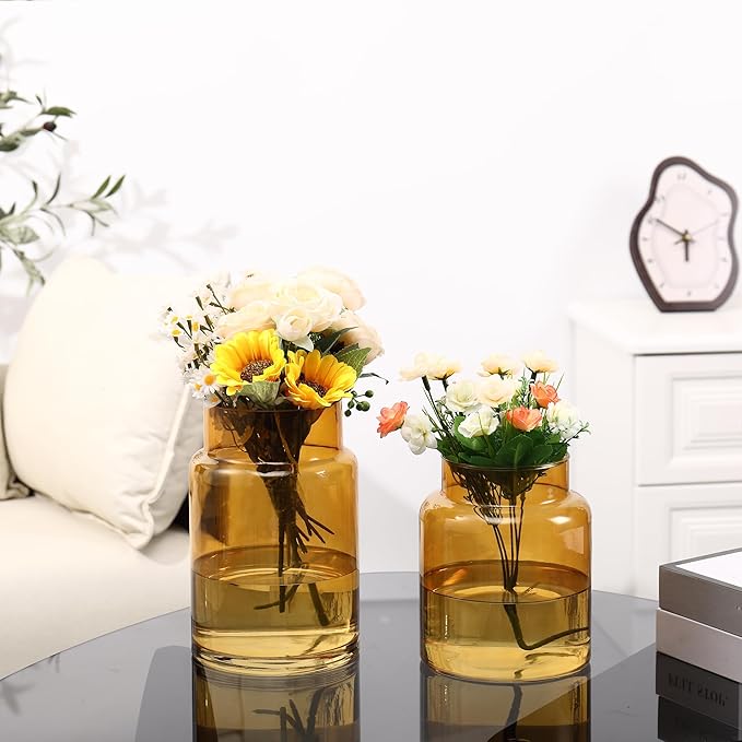 Large Glass Vase, Amber Glass Vase Set of 2, Large Flower Vases for Bouquet, Tall Wide Mouth Vases for Flowers, Home, Wedding, Living Room, Office Decor, 7"+9"