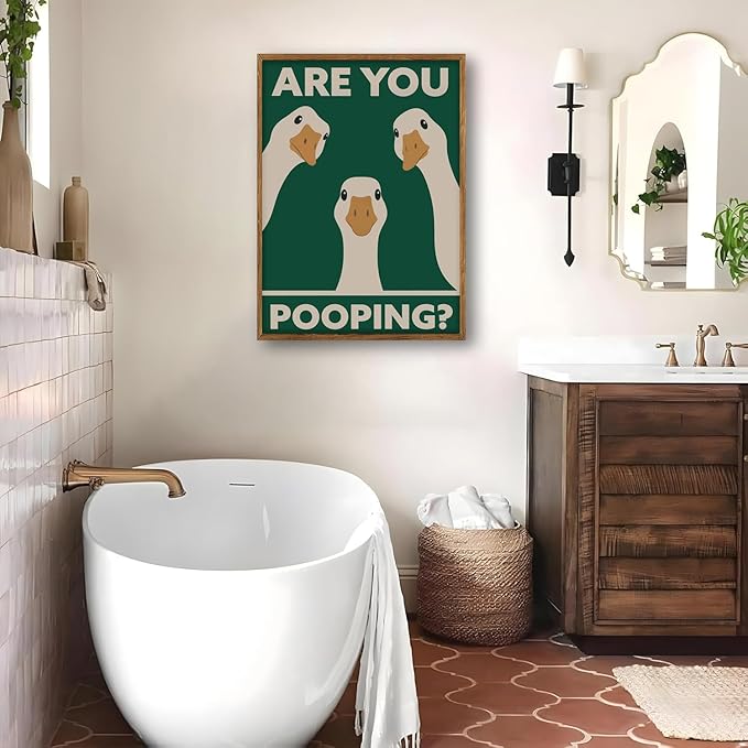RVETNGVM Funny Three Geese Wall Art Are You Pooping Vintage Bathroom Decor Poster Animals Goosey Humorous Bathroom Aesthetic Prints Painting For Fun Restroom Wall Decor Framed 12"x16"