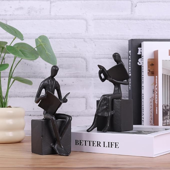 Reading Couple Bookshelf Decor Bookends Set of 2, Cast Iron Bookend for Office Desk, Living Room, Bedroom, Home Decorative Book Lovers Gifts (Reading Bookends)