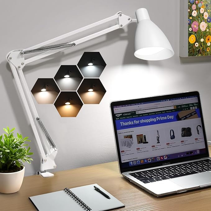 LED Desk Lamp with Clamp, 32" Architect Swing Arm Desk Lamp, Dimmable 5 Color Modes & 10 Brightness Task Light, Flexible Gooseneck Clip-on Table Lamps for Home Office Reading Nail Study Work, White