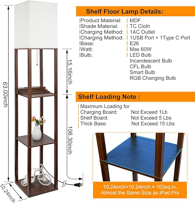 SHINE HAI 3-in-1 Shelf Lamp with 1 USB Ports & 1 Type C Port & 1 Power Outlet, 3-Tiered Shelves Lamps, Modern Standing Light for Bedroom & Living Room, Storage Floor Lights Combination, Brown