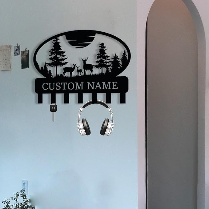 Personalized Metal Key Holder for Wall, Custom Metal Deer Cabin Key Hooks with Name, Name Letter Wall Decoration Key Hooks, Farmhouse Deer Sign, Key Rack for Kitchen, Key Organizer for Cabin Home Gift
