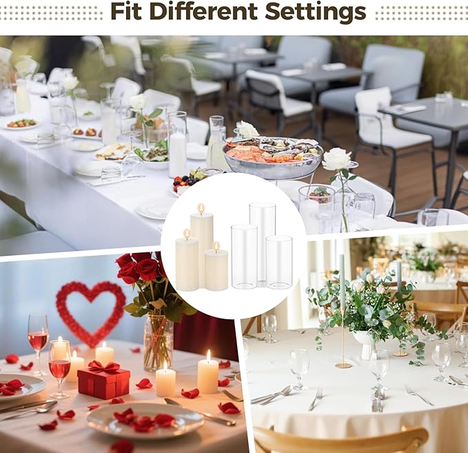 12 Sets Pillar Candles with Glass Cylinders Vases 3 Sizes - Slim Hurricane Glass Candle Holders, Transparent Cylinder Vases, Romantic Centerpiece Decor for Wedding, Party, Dining Table