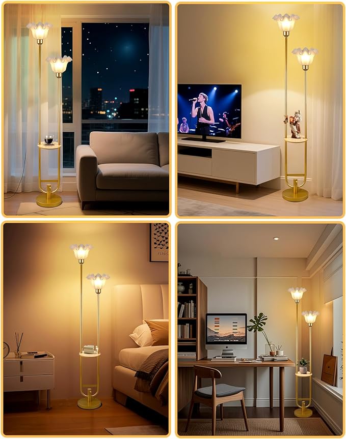 ACOHOOK Dimmable Flower Floor Lamps with Table, 2-Lights Dimmable Floral Floor Lamp, 3000K Warmwhite Candle Holder Style Modern Floor Lamp, Rustic Gold Standing Lamp for Living Room Bedroom