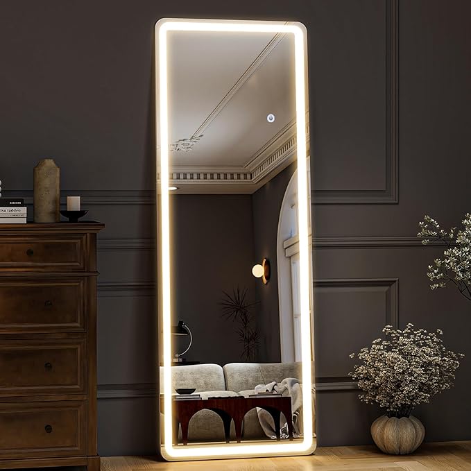 HARRITPURE LED Full Length Mirror - 64"x21" Rounded Corner Floor Mirrors with Stand, Large Standing Mirror with Lights for Bedroom/Cloakroom -Dimmable & 3 Color Lighting/Wall Mounted