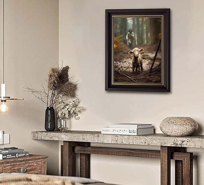 Framed Jesus and Lamb Wall Art Jesus Running After Lost Sheep Picture Wall Decor Christianity Lambs of God Home Decoration Inspirational Christian Poster Prints for Office Bedroom Livingroom 12x16in