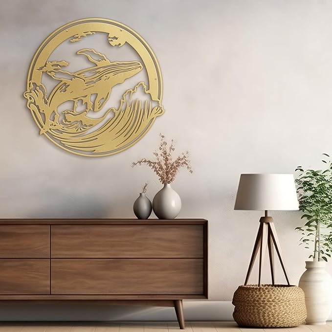 SIGNLEADER Metal Wall Art Decor Whale on Waves Minimalist Modern Abstract Wall Sculpture Hangings Home Decoration for Living Room, Bedroom, Bathroom, Kitchen, Outdoor - 18" Gold