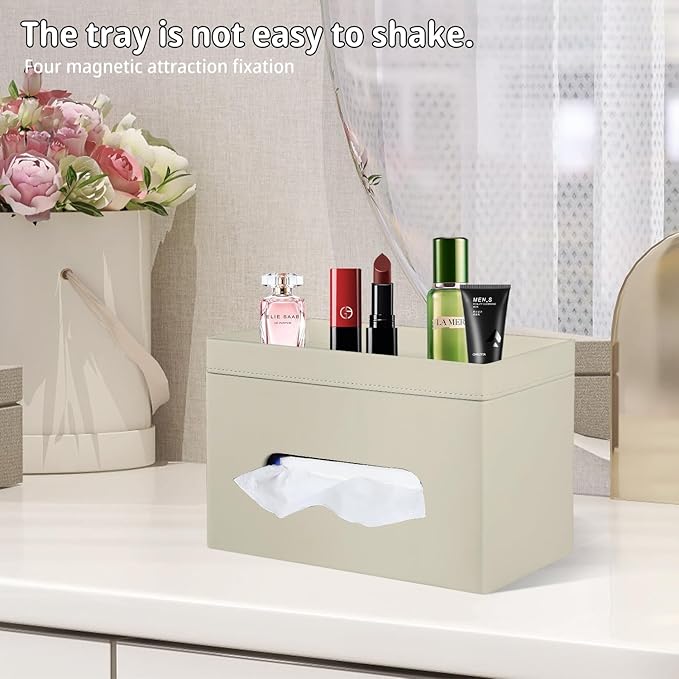PU Leather Tissue Box Cover Rectangle with Detachable Storage Tray,Fits 230-Count Box Tall Rectangular,Modern Decorative Tissue Box Holder/Organizer for Bathroom,Bedroom Dresser,Night Stand