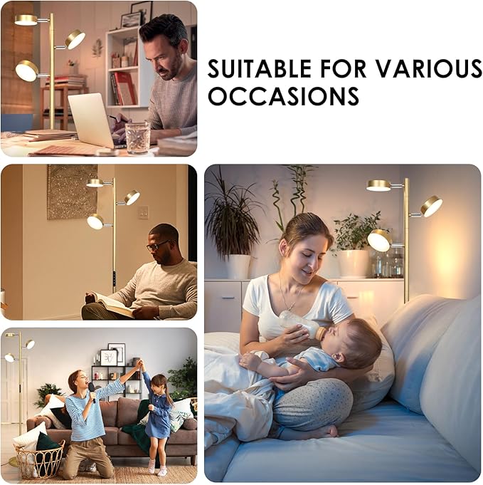 JUNNAI Gold Floor Lamp for Living Room with Remote Modern Tall Standing Lamp Dimmable LED Brass Tree Floor Lamps with 3 Adjustable Heads Touch Control 4 Color Temperatures for Bedroom Office Reading