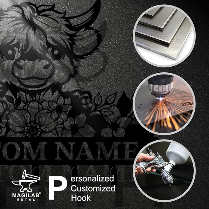 magilab Personalized Custom Highland Cow Wall Hooks,Metal Highland Cow Art Clothes Hooks,Metal Highland Cow Wall Home Storage Decorative,for Front Door, Hallway, Kitchen, Bedroom,Keys,Hats (Style H)