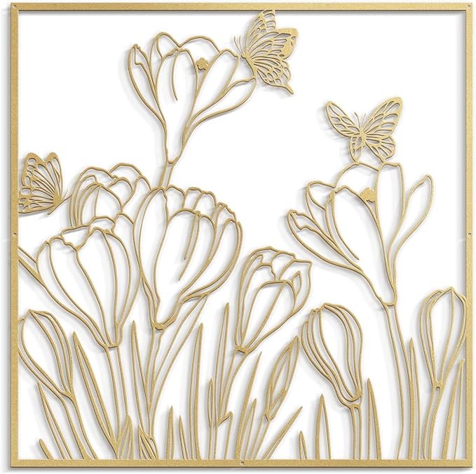 SIGNLEADER Metal Wall Art Decor Butterflies and Wildflowers Minimalist Modern Abstract Wall Sculpture Hangings Home Decoration for Living Room, Bedroom, Bathroom, Kitchen, Outdoor - 18" Gold