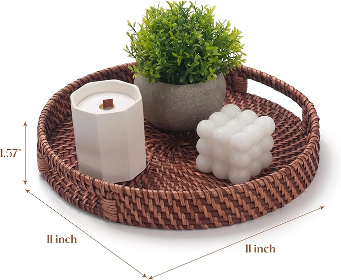 11 inch Rattan Tray, Round Wicker Tray with Cut-Out Handles, Woven Serving Tray for Dining / Coffee Table