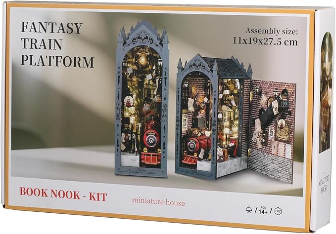 suruim DIY Book Nook Kit Bookend Puzzle Miniature Nook Library Bookshelf Insert Bookends Decoration Books Ornaments Gifts for Adults (Train Station)