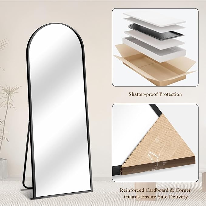 Full Length Mirror with Stand, Black Arched Full Body Mirror, Aluminum Alloy Thin Frame, Freestanding/Leaning/Wall Mount for Bedroom