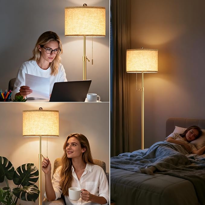FUNNYBEHOM Modern Gold Floor Lamp for Living Room - Adjustable Height Standing Lamp with Marble Base & Linen Shade, 3-Way Dimmable Tall Floor Light for Bedroom, Reading, Bulb Included