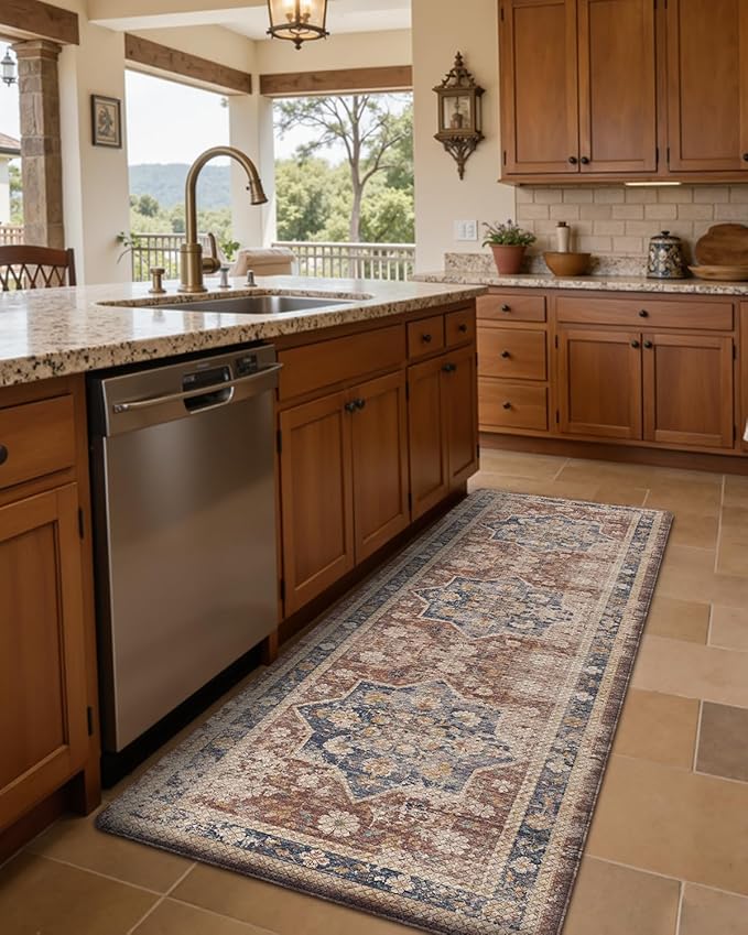 DEXI Kitchen Floor Mats Anti Fatigue, 17x59 Cushioned Vintage Runner Rug Waterproof, Standing Comfort Memory Foam Padded for Front Sink Laundry Office, Reddish Brown