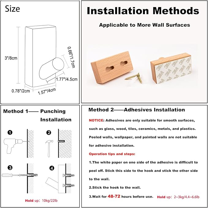 HomeDo 8Pack Adhesive Wall Hooks Hat Rack, Wooden Coat Hooks Wall Mounted, Decorative Hooks Single Organizer Hat Hanger Towel Rack, Heavy Duty Hooks (Rectangle-Beech,8P)