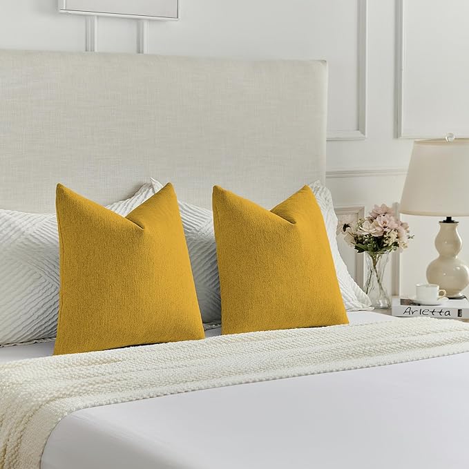 FUTEI Mustard Yellow Chenille Decorative Throw Pillow Covers 20x20 Inch Set of 2,Soft Cozy Faux Linen Textured Cushion Case,Farmhouse Home Decor for Couch Living Room