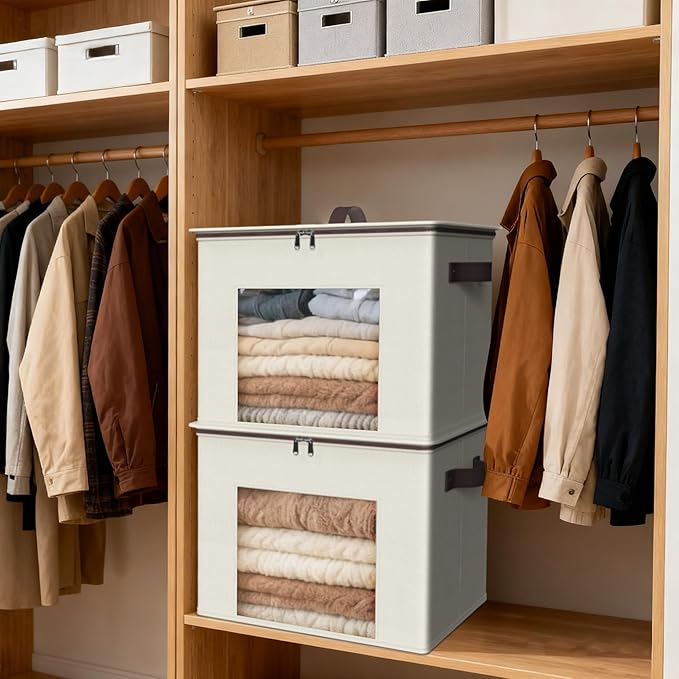 Zilink Fabric Storage Bins with Lid 4-Pack Stackable Cloth Storage Bins Sweater Organizer with Zipper & Clear Window Closet Organizers and Storage Box for Home, Office, Bedroom (Beige,17" x 12" x 12")