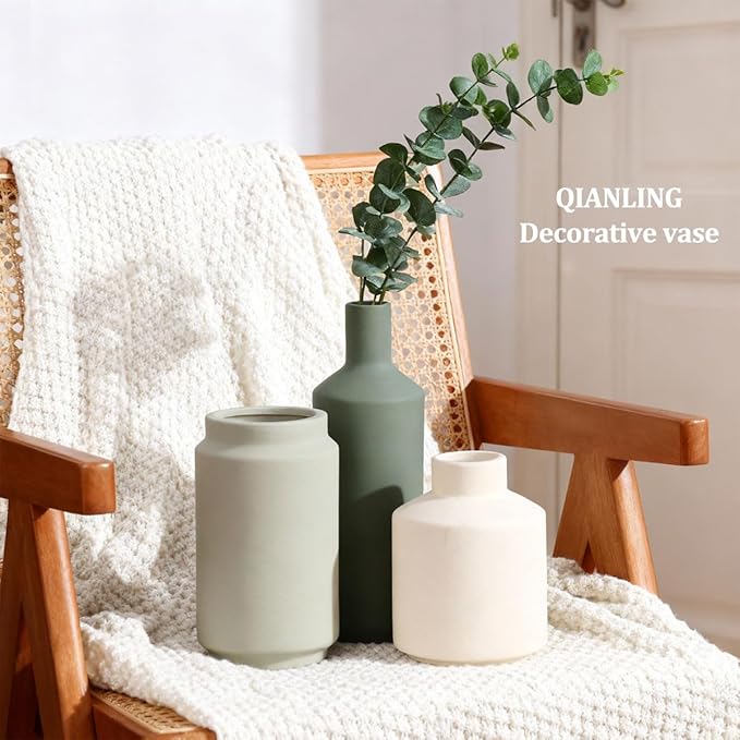 Ceramic Vase Set of 3 - Modern Neutral Vases Home Decor, Minimalism Decorative Vases, Boho Decor Small Flower Vase for Shelf, Dining Table Entryway Mantel Centerpiece Bookshelf Living Room Bathroom