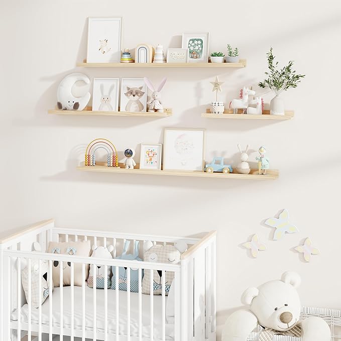 Fun Memories Picture Ledge Shelf, Pine Wood Floating Shelves Set of 2, 36 inch Nursery Book Shelves, Photo Ledge Book Shelves Wall Mounted for Living Room Kids' Room Bedroom - Natural