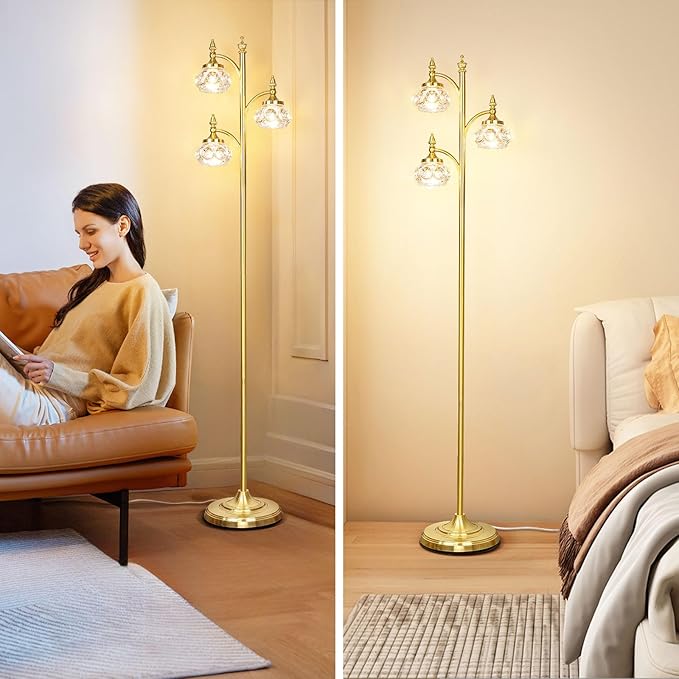 JUNNAI Gold Floor Lamp, Dimmable Tree Floor Lamps for Living Room Brass Tall Standing Lamp with 3 Rotatable Lights Glass Shade 66.5'' Modern Corner Lamp for Bedroom Office(3LED Bulbs Included)