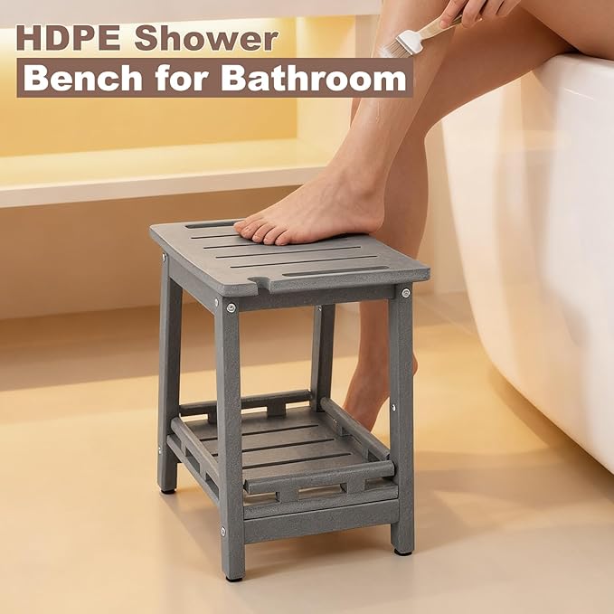 HDPE Shower Bench Seat for Shaving Legs, Waterproof Shower Stool with Storage Shelf for Bathroom,Grey