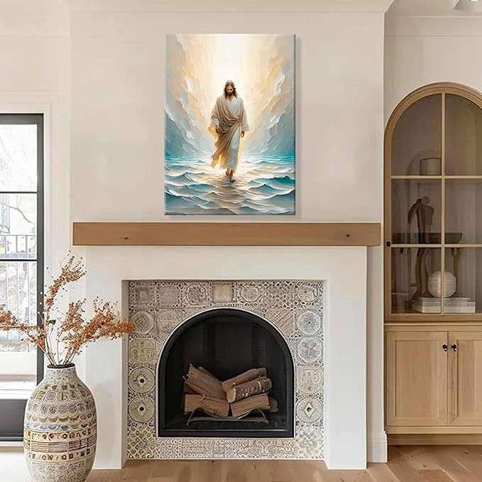 Jesus Walking On Water Canvas Wall Art Christian Bible Stories Wall Decor Picture Divine Light Modern Religious Poster Prints for Living Room Bedroom Church Home Decoration 12"x16"