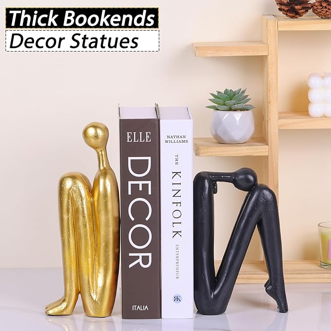 Thinker Statue Decorative Bookends,1 Pair/2 PCS Book Ends for Shelves Unique Modern Book Stopper for Heavy Books, Abstract Aesthetic Decor, Modern Home Bookshelf Decoration (Black Gold)