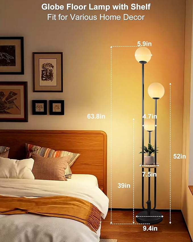ACOHOOK 63IN Dimmable Floor Lamp with Shelf, Unique Globe Black Tall Standing Lamps Candle Holder Style, 3000K Warmwhite Mid Century Modern Floor Lamp for Living Room Home Office(Bulbs Included)