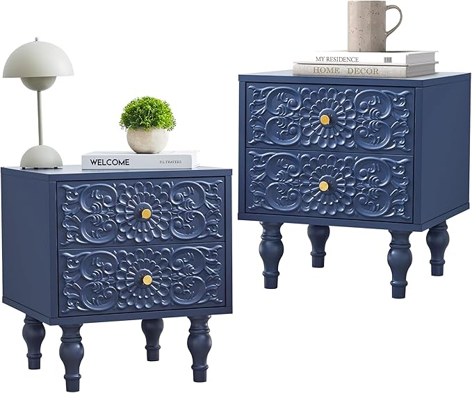 Nightstand, Farmhouse Bedside Table with 2 Drawers and Metal Handles, Wood Sofa Side Table End Table Accent Dresser for Bedroom, Living Room (Blue) (15.75 x 16.02 x 18.15 Inch)